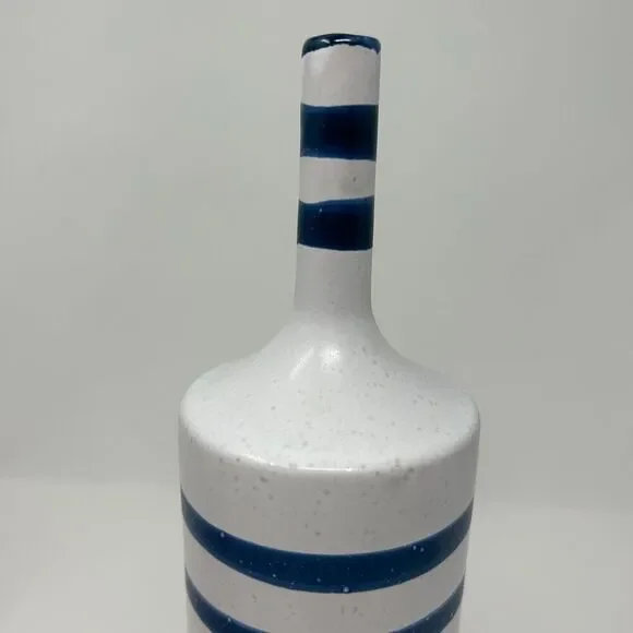 Crate and Barrel Terra Cotta Vase Blue Striped Gray Nautical Decor Hand Painted - Picture 8 of 14